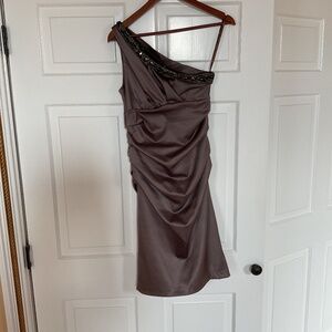 Suzi Chin for maggy boutique One Shoulder Taupe Dress with Beading Size 2